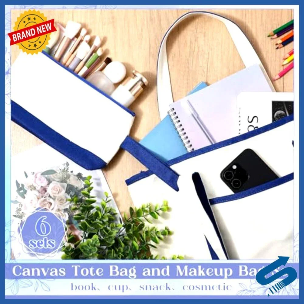 Canvas Tote Bags Set with Outer Pocket and Makeup Pouch Reusable Grocery
